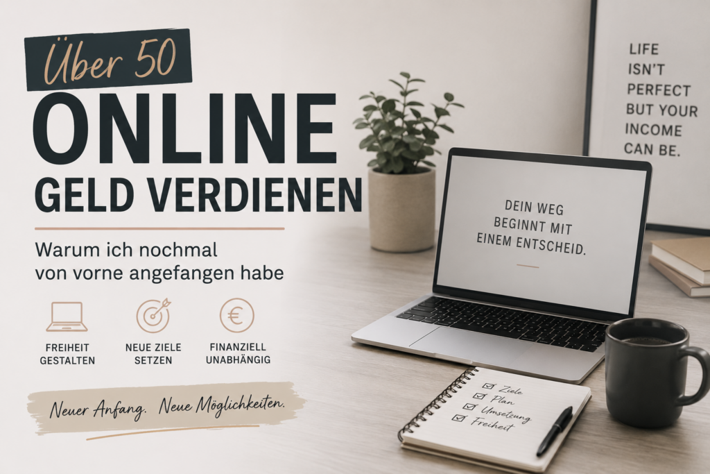 Über 50 online Geld verdienen – Laptop mit Notizbuch und Kaffeetasse als Symbol für den Neuanfang